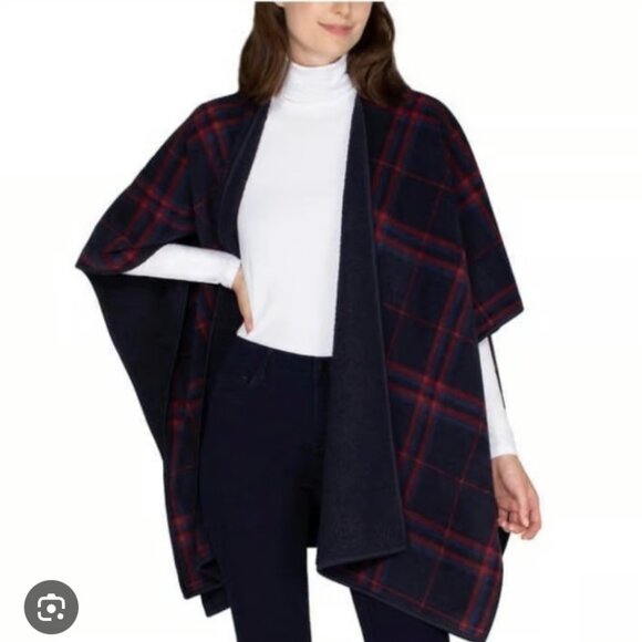 IKE BEHAR Poncho Shawl Blue Red Plaid V-Neck Wrap Cape One Size fits Most - Picture 1 of 3